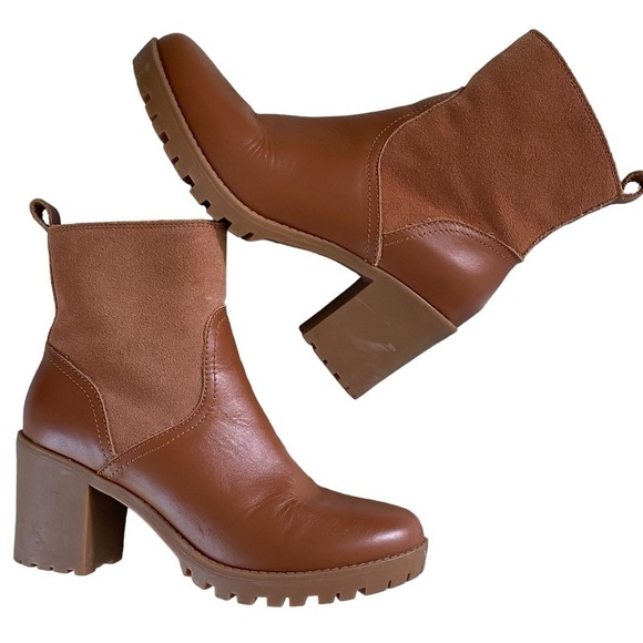 Soludos Dani Saddle Shearling Platform Heeled Ankle Boot leather suede tan 7.5 - Picture 3 of 16